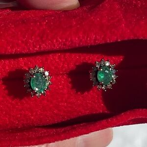 Certified Emerald & Diamond 925 Silver Earrings Studs